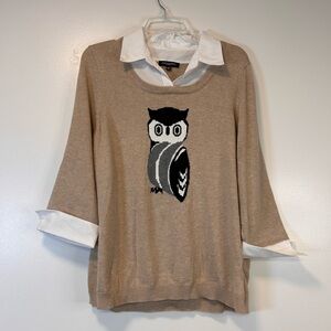 Notations Tan Owl Print Sweater Faux Collar Cuff Knit Long Sleeve Women’s 1X